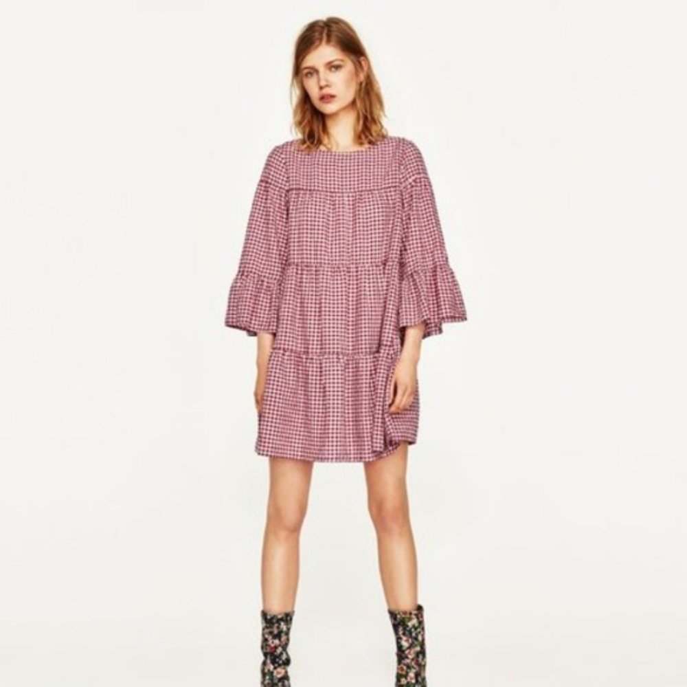 Zara Red White Gingham Tiered Smock Dress, Small